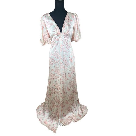 Sachin & Babi 12 Alli Gown Maxi Shift Dress floral Cream V Neck Puff Sleeve - Picture 3 of 9
